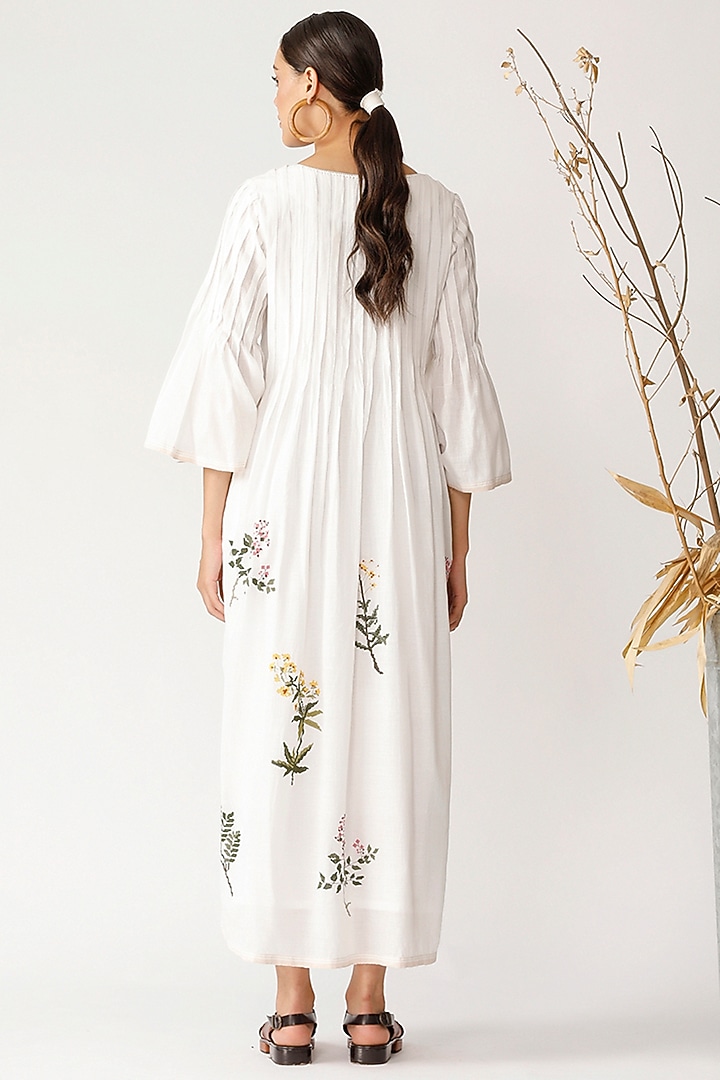 White Cotton Handloom Embroidered Pleated Maxi Vacation Dress by Payal Pratap at Pernia's Pop Up Shop