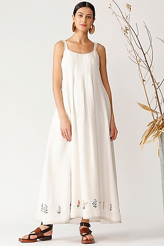 White Linen Embroidered Maxi Dress by Payal Pratap