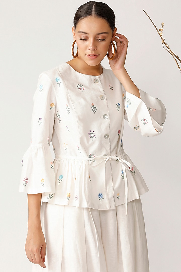 White Embroidered Peplum Top by Payal Pratap at Pernia's Pop Up Shop