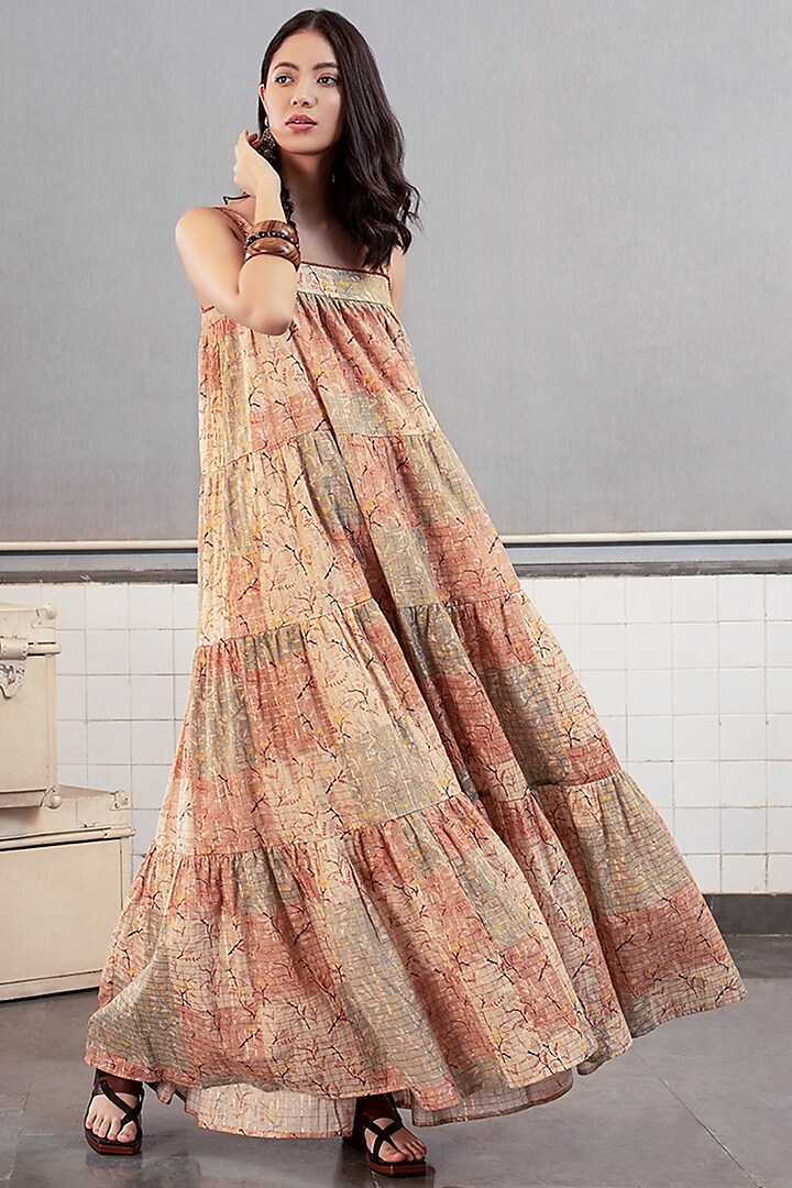 Beige Printed Maxi Dress by Payal Pratap