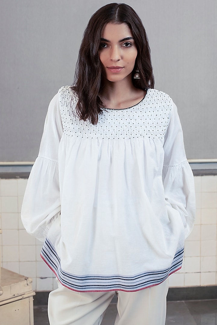 White Embroidered Smocked Top by Payal Pratap