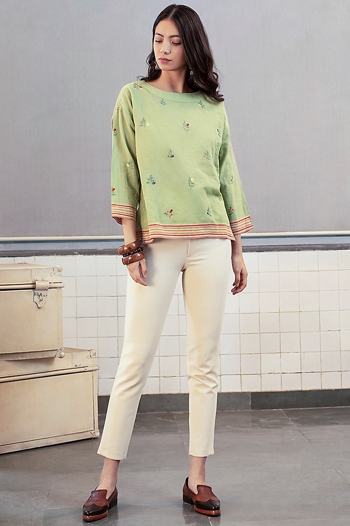 Olive Green Embroidered Cotton handloom Top by Payal Pratap
