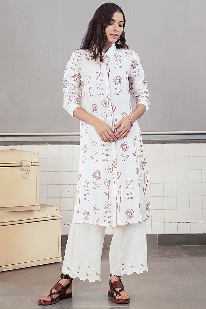 White Embroidered Linen Tunic by Payal Pratap