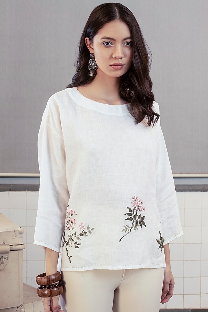 White Embroidered Linen Top by Payal Pratap at Pernia's Pop Up Shop