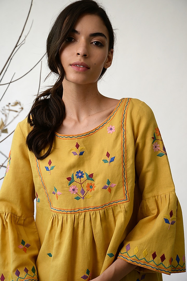 Mustard Embroidered Summer Dress by Umbar by Payal Pratap at Pernia's Pop Up Shop