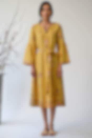 Mustard Embroidered Peplum Dress by Umbar by Payal Pratap