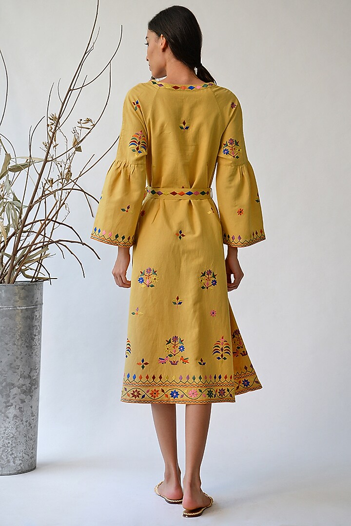 Mustard Embroidered Peplum Vacation Dress by Umbar by Payal Pratap at Pernia's Pop Up Shop