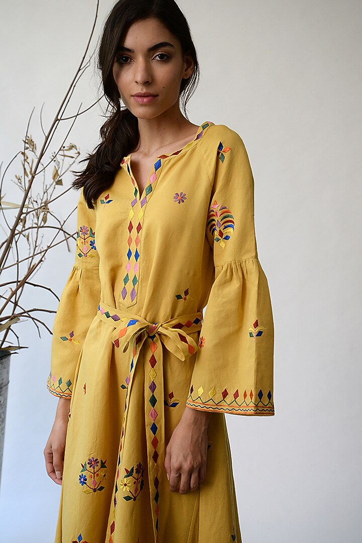 Mustard Embroidered Peplum Vacation Dress by Umbar by Payal Pratap at Pernia's Pop Up Shop