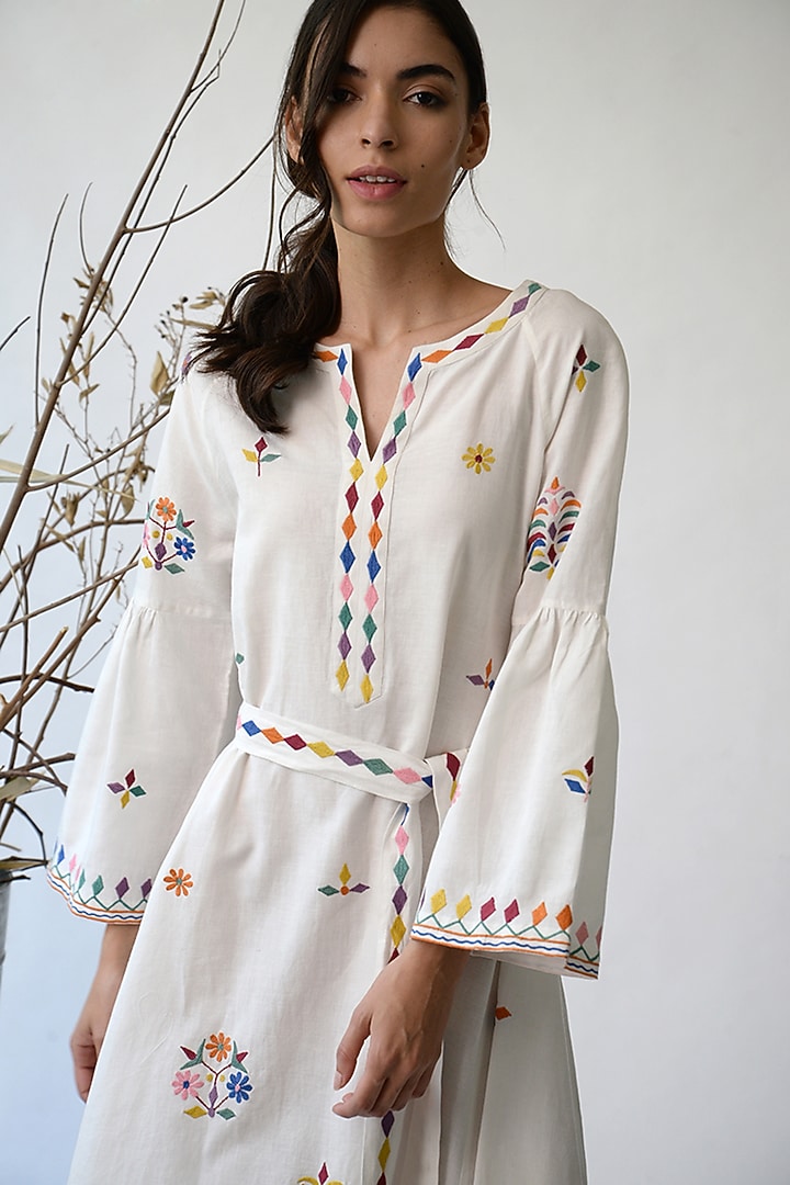White Embroidered Peplum Vacation Dress by Umbar by Payal Pratap at Pernia's Pop Up Shop