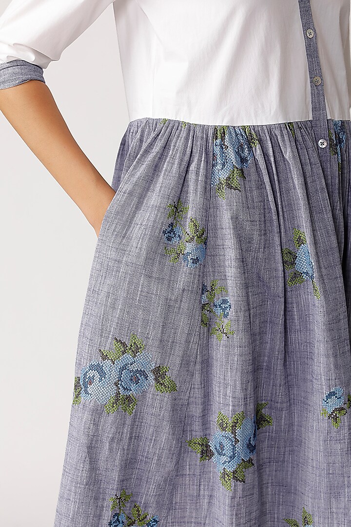 White & Blue Embroidered Summer Dress by Umbar by Payal Pratap at Pernia's Pop Up Shop