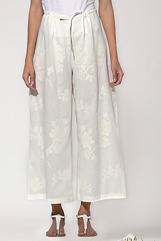 White Embroidered Pants by Umbar by Payal Pratap