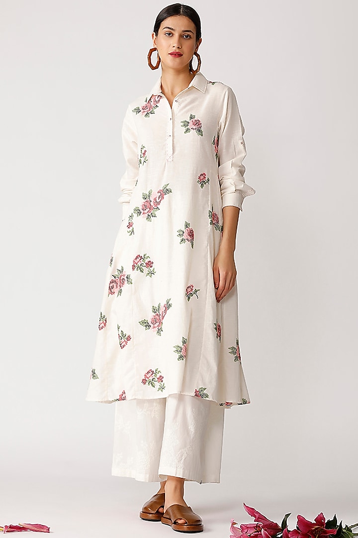 White Embroidered Cotton Tunic by Umbar by Payal Pratap