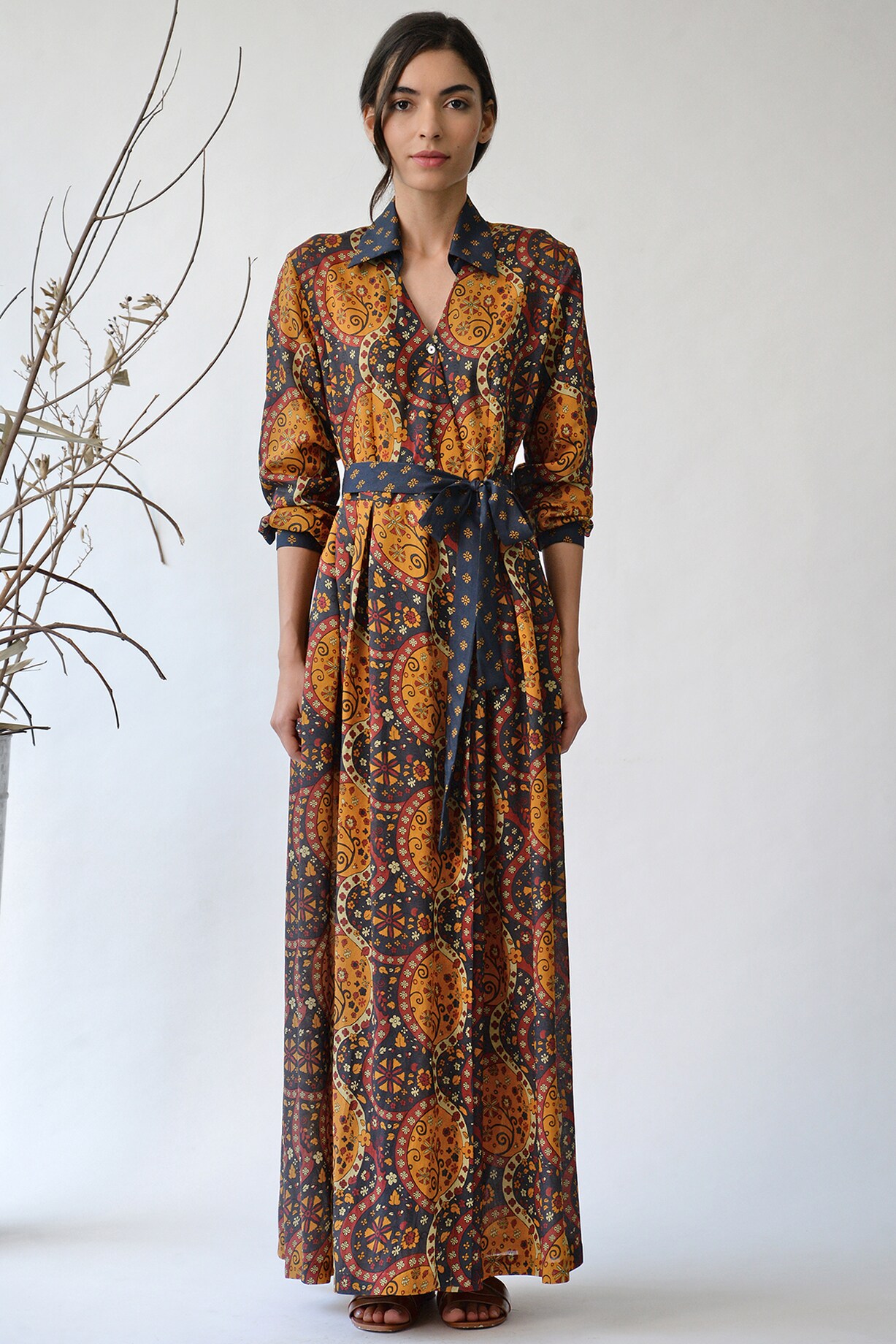 BLUE AND BROWN PRINTED MAXI DRESS
