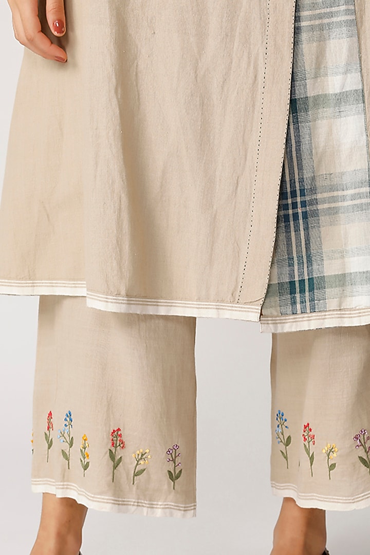 Beige Linen Embroidered Pant by Payal Pratap at Pernia's Pop Up Shop