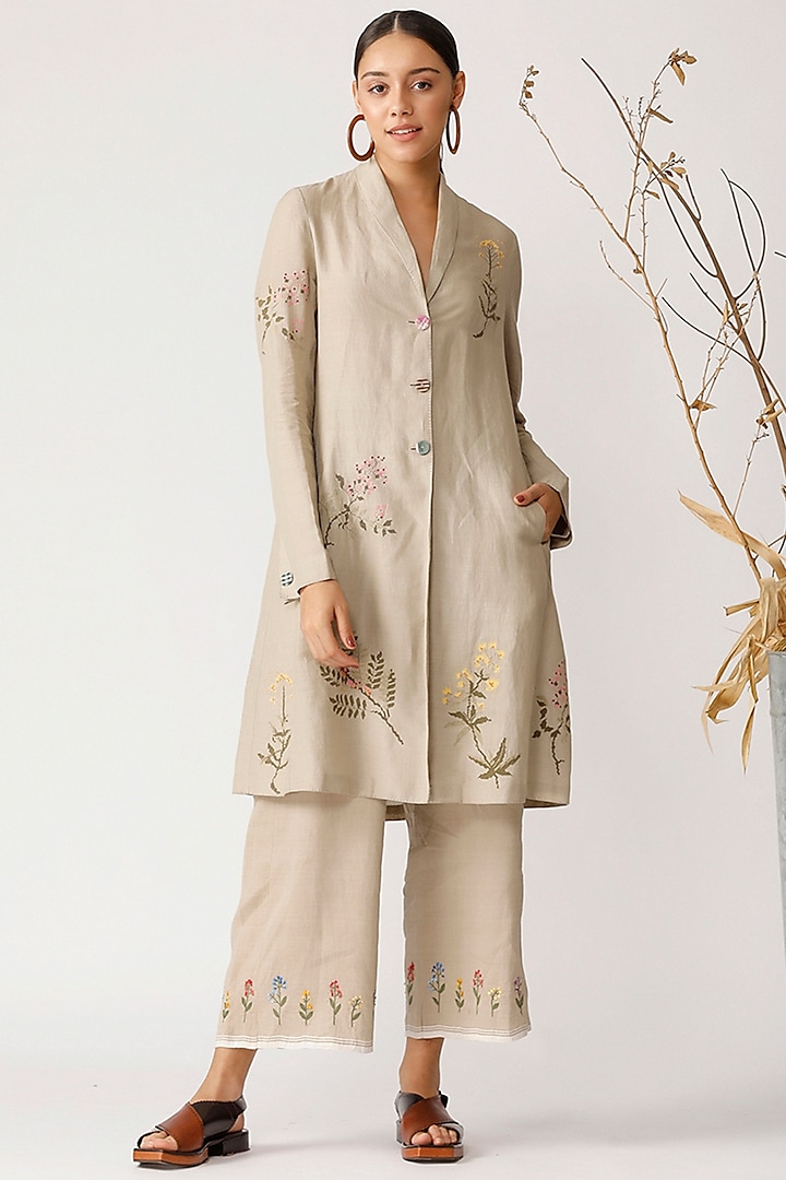Beige Embroidered Linen Jacket by Payal Pratap