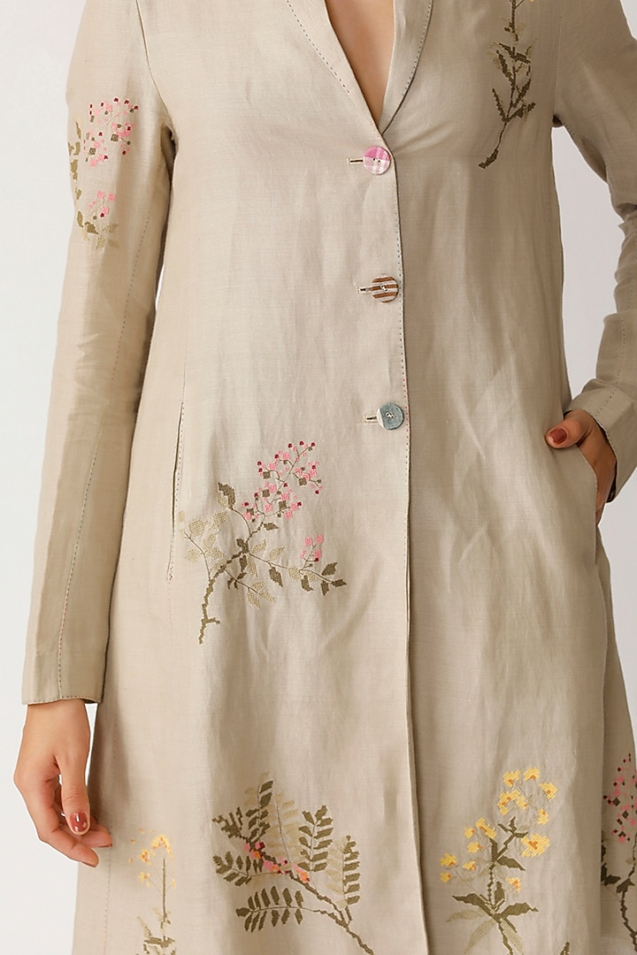 Beige Embroidered Linen Jacket by Payal Pratap at Pernia's Pop Up Shop