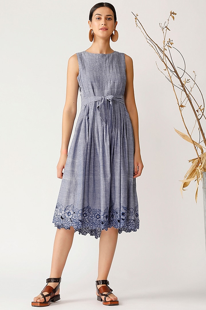 Chambray Blue Embroidered Dress by Payal Pratap at Pernia's Pop Up Shop