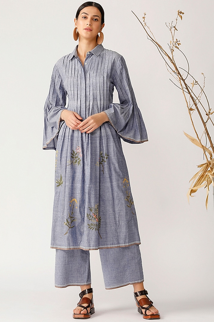 Chambray Blue Cotton Handloom Embroidered Vacation Dress by Payal Pratap at Pernia's Pop Up Shop
