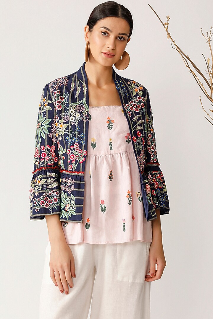 Navy Blue Embroidered Jacket by Payal Pratap at Pernia's Pop Up Shop