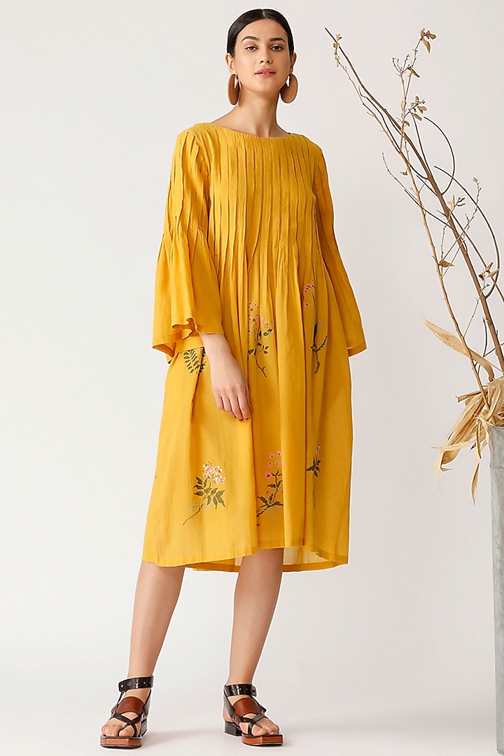 Yellow Embroidered Pintucked Tunic by Payal Pratap