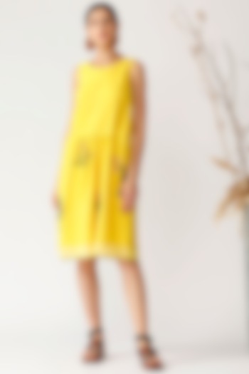 Yellow Embroidered Sleeveless Dress by Payal Pratap