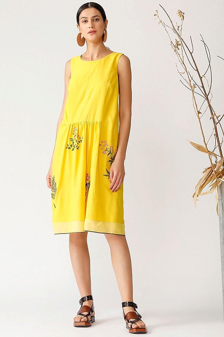 Yellow Embroidered Sleeveless Dress by Payal Pratap