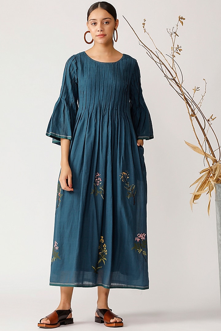 Teal Blue Embroidered Dress by Payal Pratap
