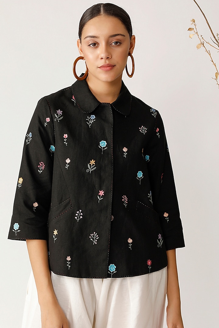 Black Floral Embroidered Jacket by Payal Pratap
