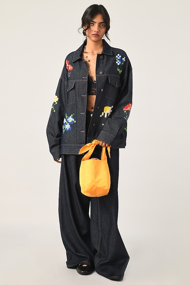 Blue Denim Applique Embroidered Jacket by Payal Pratap at Pernia's Pop Up Shop