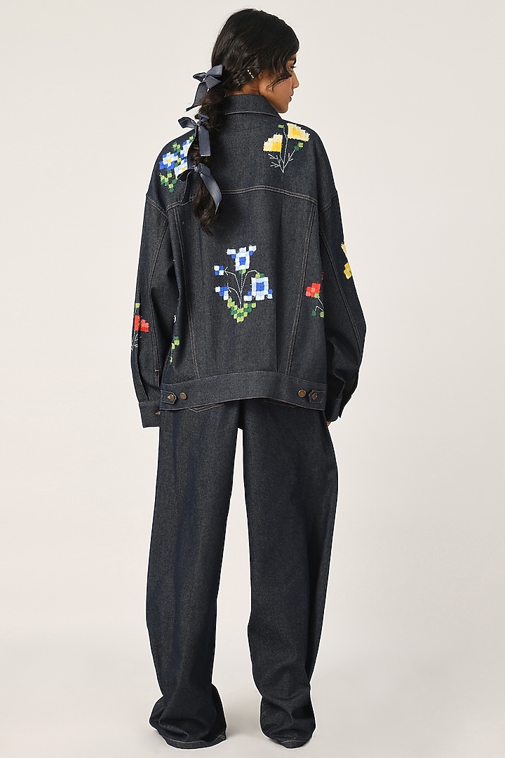 Blue Denim Applique Embroidered Jacket by Payal Pratap at Pernia's Pop Up Shop