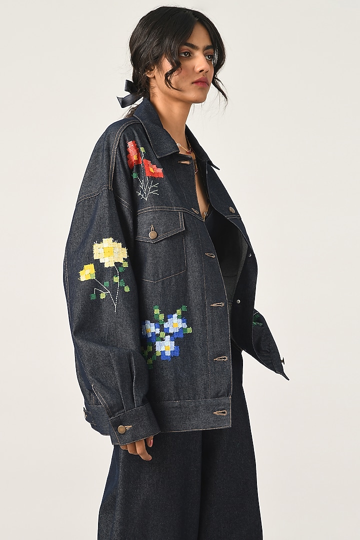 Blue Denim Applique Embroidered Jacket by Payal Pratap at Pernia's Pop Up Shop