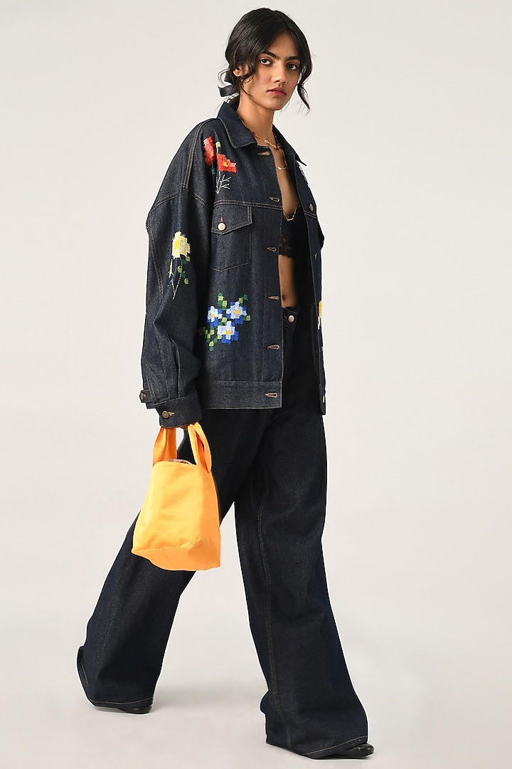 Blue Denim Applique Embroidered Jacket by Payal Pratap at Pernia's Pop Up Shop