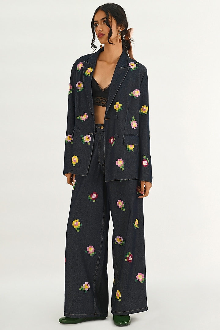 Blue Denim Embroidered Jacket by Payal Pratap at Pernia's Pop Up Shop