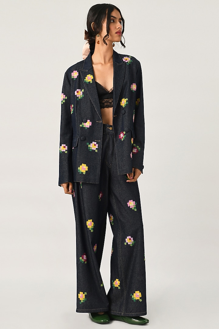 Blue Denim Embroidered Jacket by Payal Pratap at Pernia's Pop Up Shop