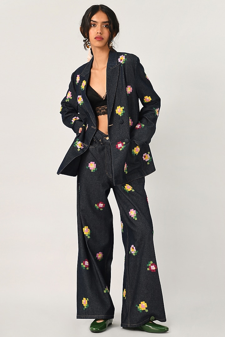 Blue Denim Embroidered Jacket by Payal Pratap at Pernia's Pop Up Shop