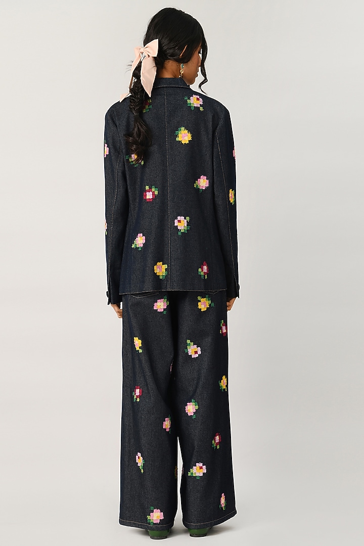 Blue Denim Embroidered Wide-Legged Jeans by Payal Pratap at Pernia's Pop Up Shop