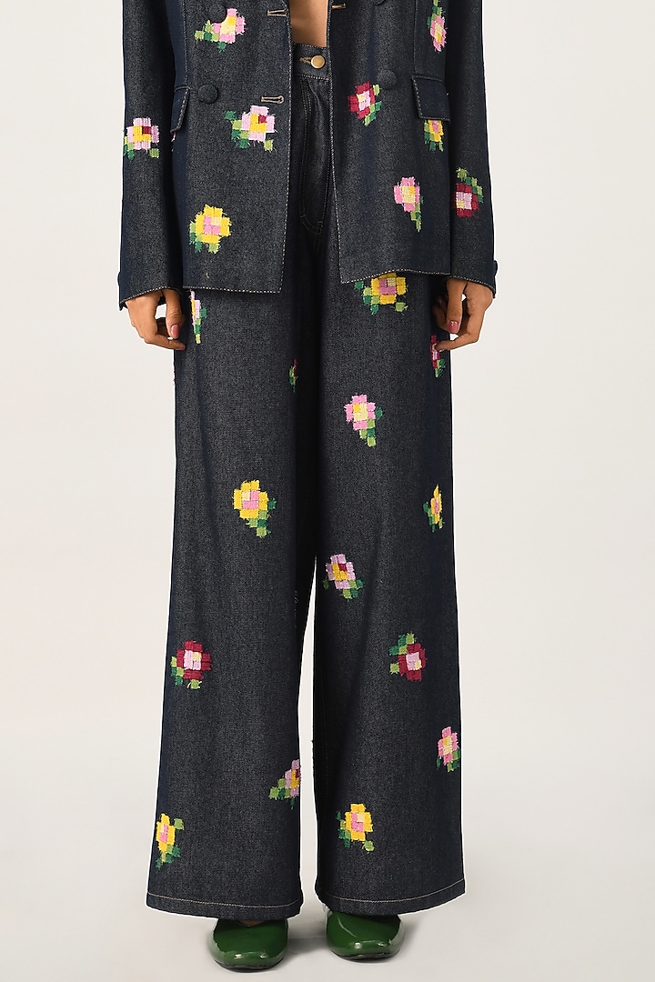 Blue Denim Embroidered Wide-Legged Jeans by Payal Pratap at Pernia's Pop Up Shop