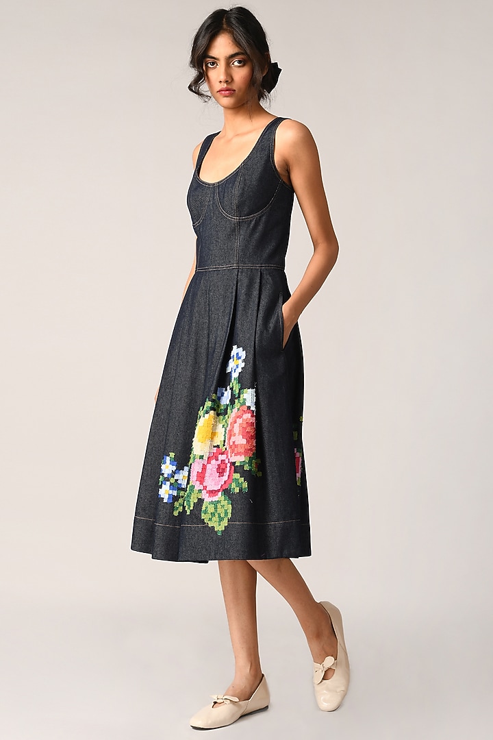 Blue Denim Embroidered Midi Vacation Dress by Payal Pratap at Pernia's Pop Up Shop