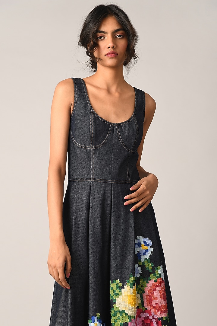 Blue Denim Embroidered Midi Vacation Dress by Payal Pratap at Pernia's Pop Up Shop