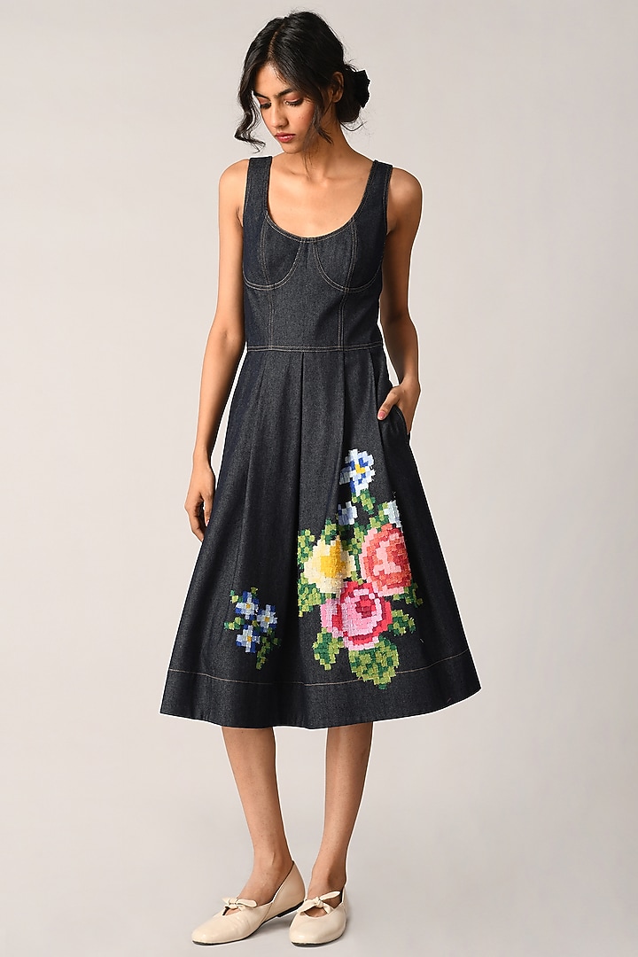 Blue Denim Embroidered Midi Vacation Dress by Payal Pratap at Pernia's Pop Up Shop