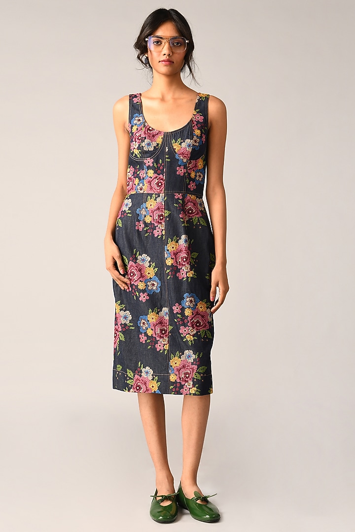 Blue Denim Embroidered Midi Vacation Dress by Payal Pratap at Pernia's Pop Up Shop