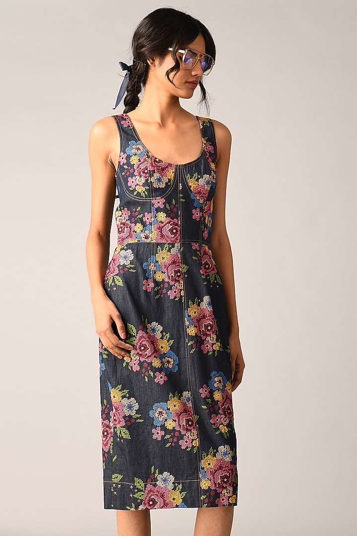 Blue Denim Embroidered Midi Vacation Dress by Payal Pratap at Pernia's Pop Up Shop