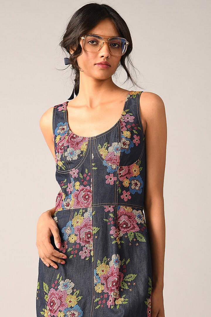 Blue Denim Embroidered Midi Vacation Dress by Payal Pratap at Pernia's Pop Up Shop