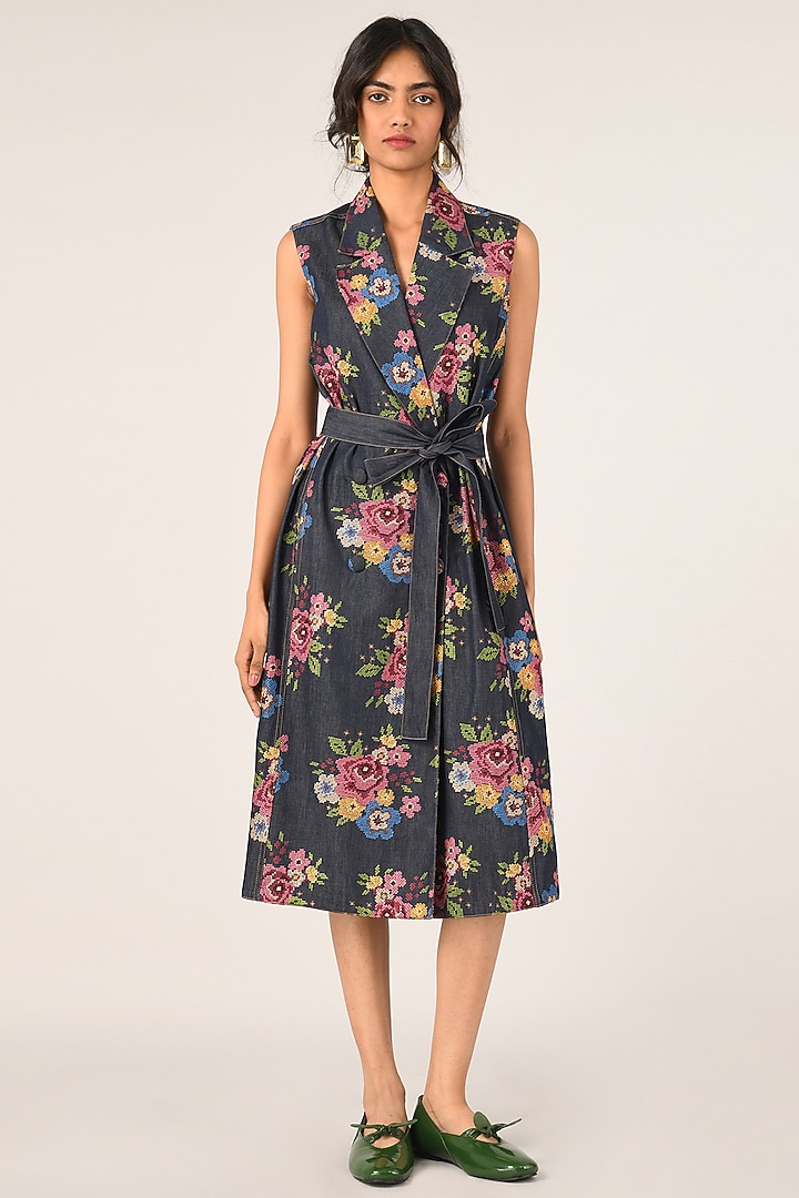 Blue Denim Embroidered Midi Cocktail Dress by Payal Pratap at Pernia's Pop Up Shop