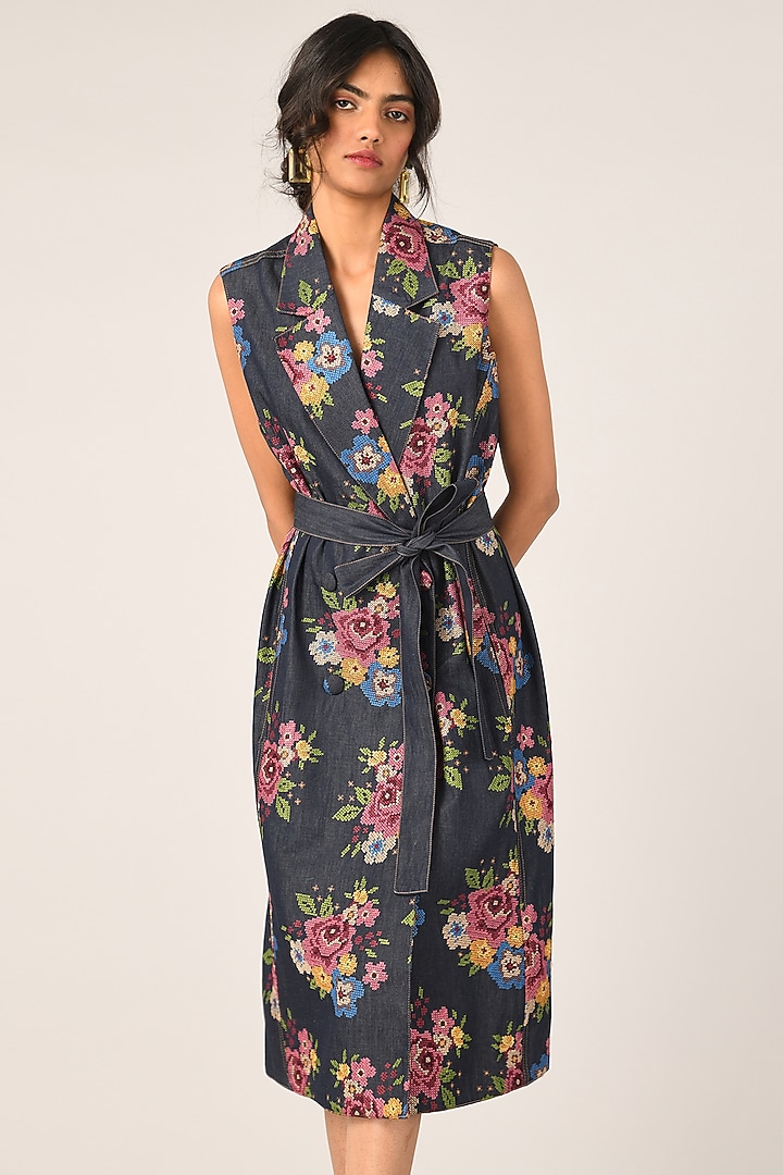 Blue Denim Embroidered Midi Cocktail Dress by Payal Pratap at Pernia's Pop Up Shop