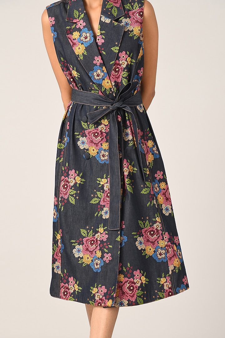 Blue Denim Embroidered Midi Cocktail Dress by Payal Pratap at Pernia's Pop Up Shop