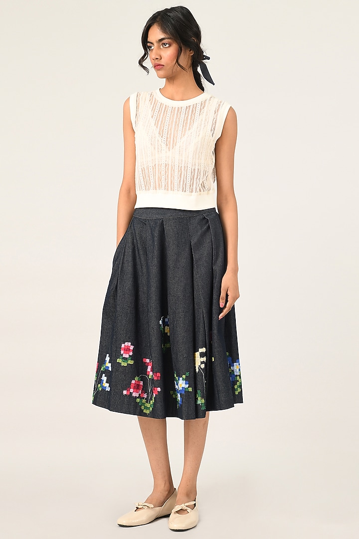 Blue Denim Embroidered Pleated Skirt by Payal Pratap at Pernia's Pop Up Shop