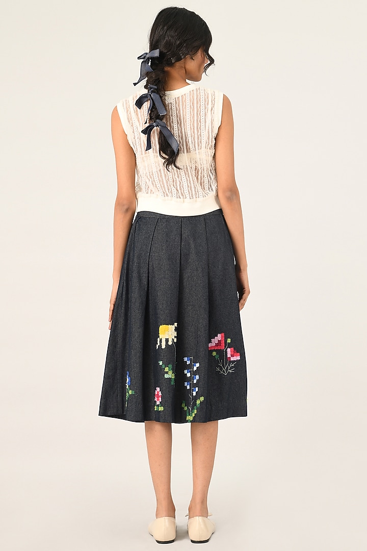 Blue Denim Embroidered Pleated Skirt by Payal Pratap at Pernia's Pop Up Shop