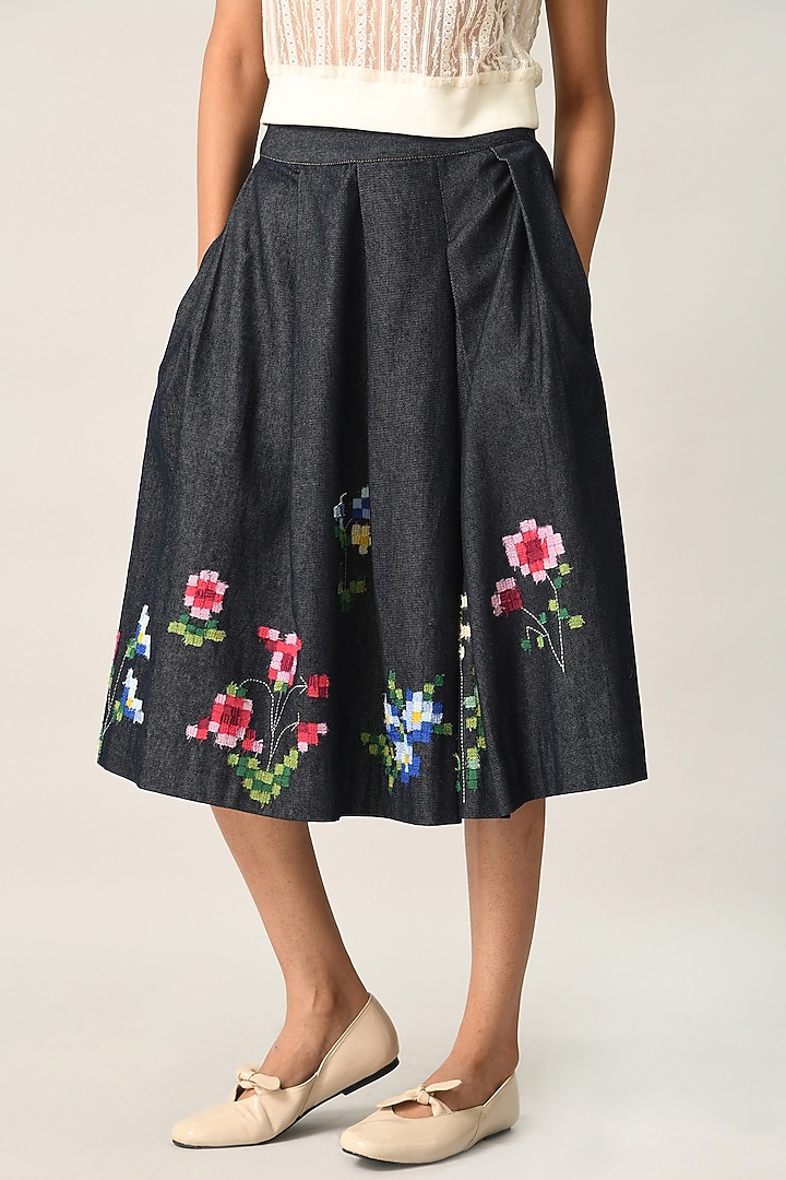 Blue Denim Embroidered Pleated Skirt by Payal Pratap at Pernia's Pop Up Shop