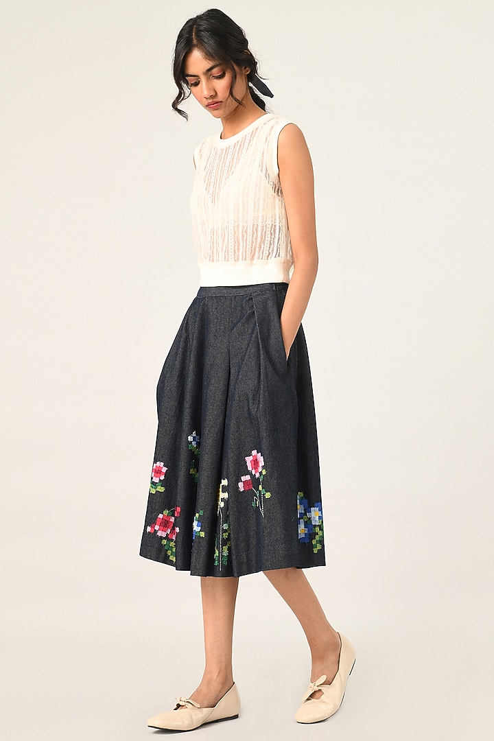 Blue Denim Embroidered Pleated Skirt by Payal Pratap at Pernia's Pop Up Shop